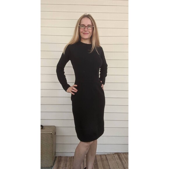 60s Vintage Black Wool Dress Long Sleeve Butte Knit S - Picture 4 of 9